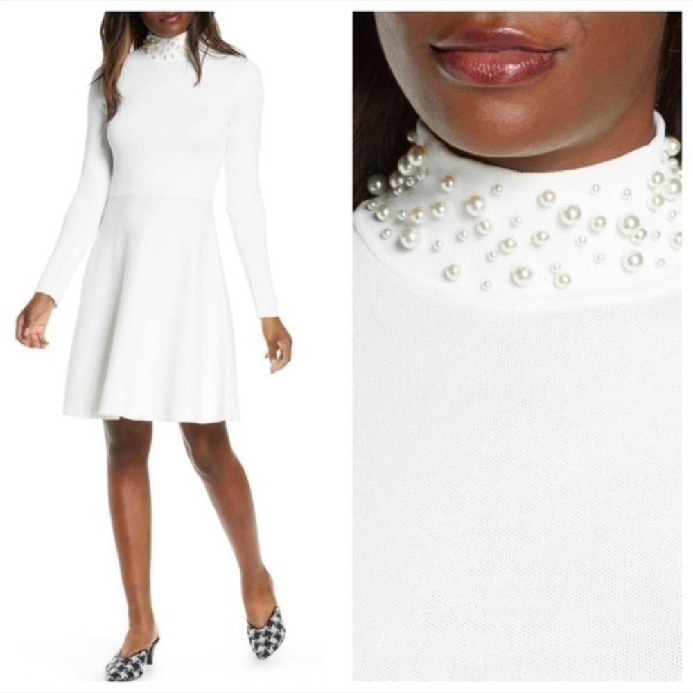 Eliza J White Long Sleeve Dress with Pearl Detail